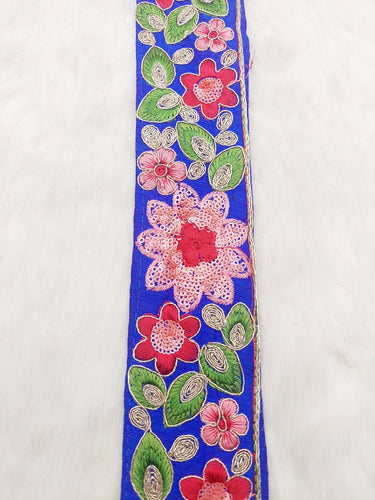 Blue Silk Fabric Embroidered Trim, Floral Embroidery Indian Sari Border Trim By Yard Decorative Trim Craft Lace, Sequins Trim